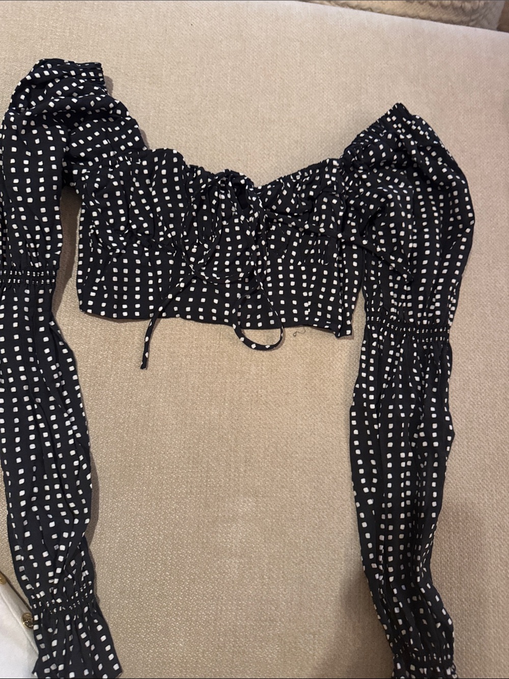 Fashion Nova Black and White Square-Print Off-Shoulder Crop Top